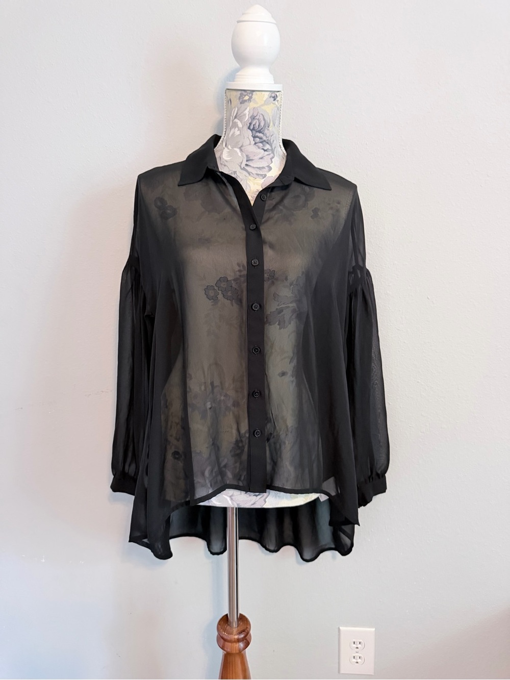 Express Sheer High-Low Button Down Top Size Small Black Flowy Whimsy Goth